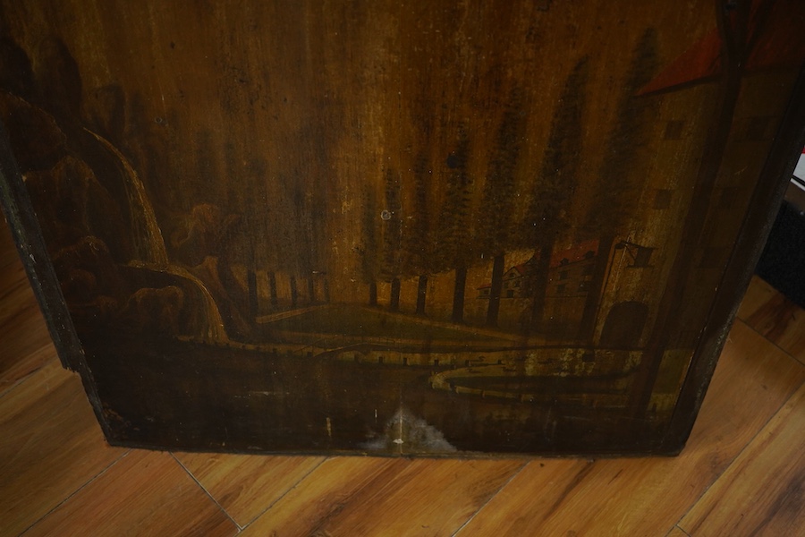 19th century, French School, Waterfall before a chateau, oil on wood panel, unframed, 121 x 66cm